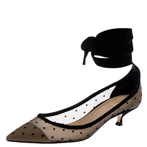 christian dior black polka dot mesh and suede heels|dior heels and pumps.